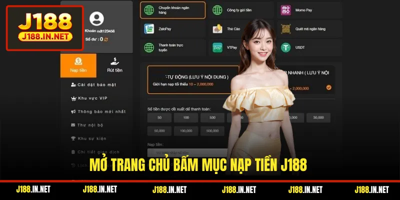 Mở trang chủ bấm mục nạp tiền J188